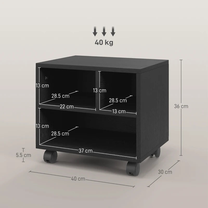 Black Three-Compartment Printer Cabinet on Wheels - Stylish & Functional Storage Solution for Home Office or Workspace