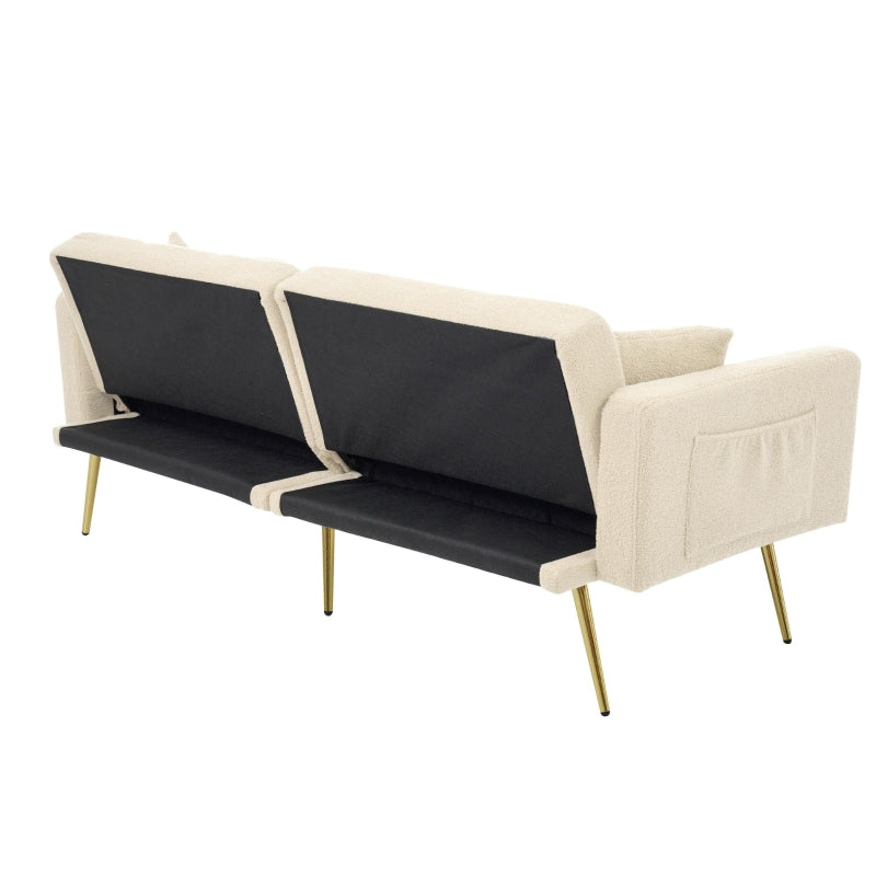 Elegant Beige Convertible Sofa Bed with Adjustable Backrest and Side Pockets, Perfect Loveseat for Bedroom, 176L x 64W x 75H cm
