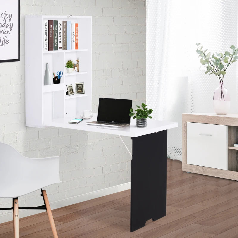 Folding Wall-Mounted Drop-Leaf Table with Chalkboard & Storage Shelf - Multifunctional Floating Desk for Home Office - White