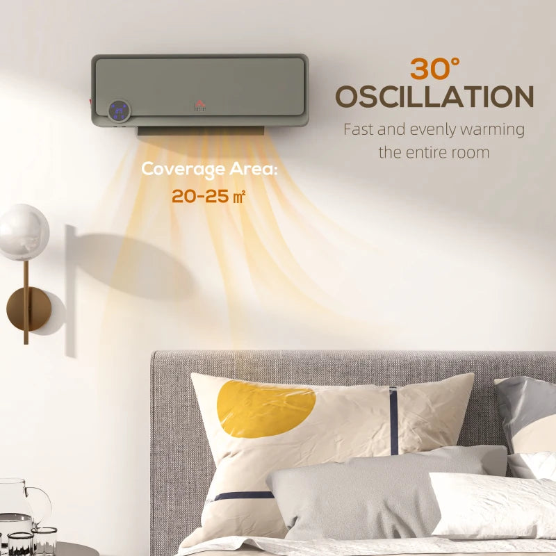 Electric Wall Downflow Heater 2000W with Timer and Remote Control Oscillating Fan for Bedroom and Home Office Grey