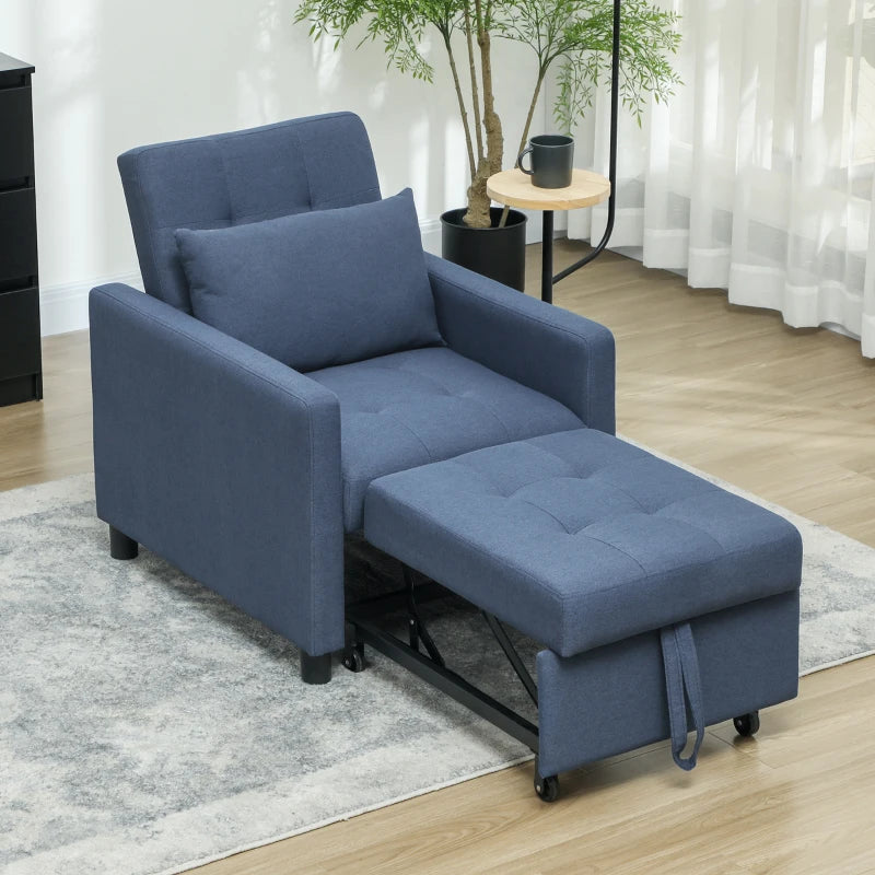 Convertible 3-in-1 Chair Bed with Adjustable Backrest, Pillow and Footrest for Living Room, Blue