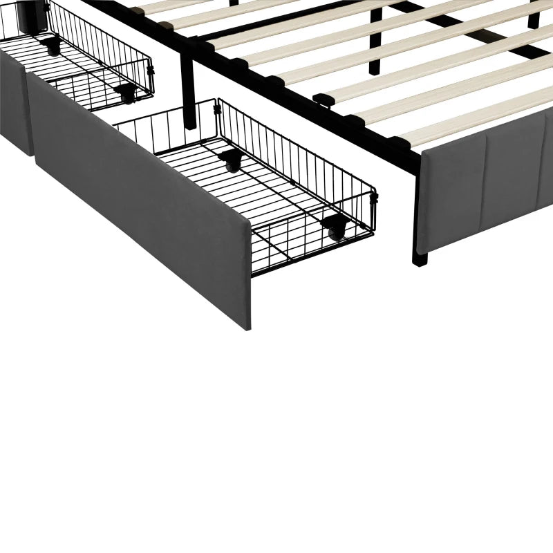 Velvet Double Bed with 4 Storage Drawers & Adjustable Tufted Headboard - Easy Assembly, Grey, 196L x 143W x 108H cm