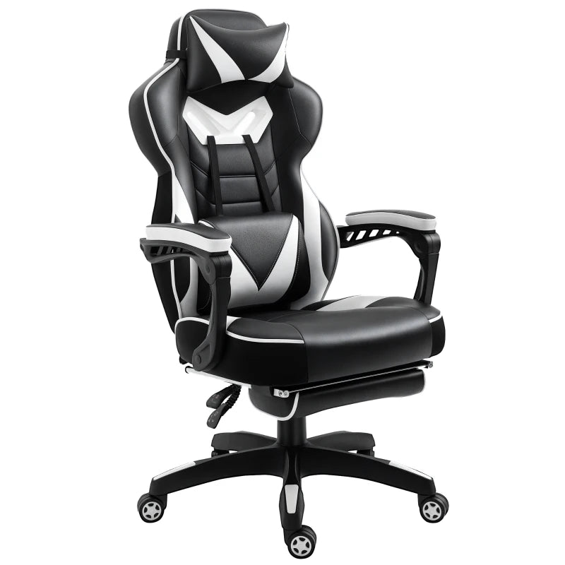 Vinsetto White Gaming Chair with Lumbar Support & Footrest - PU Leather Racing Desk Chair with Headrest & Swivel Wheels