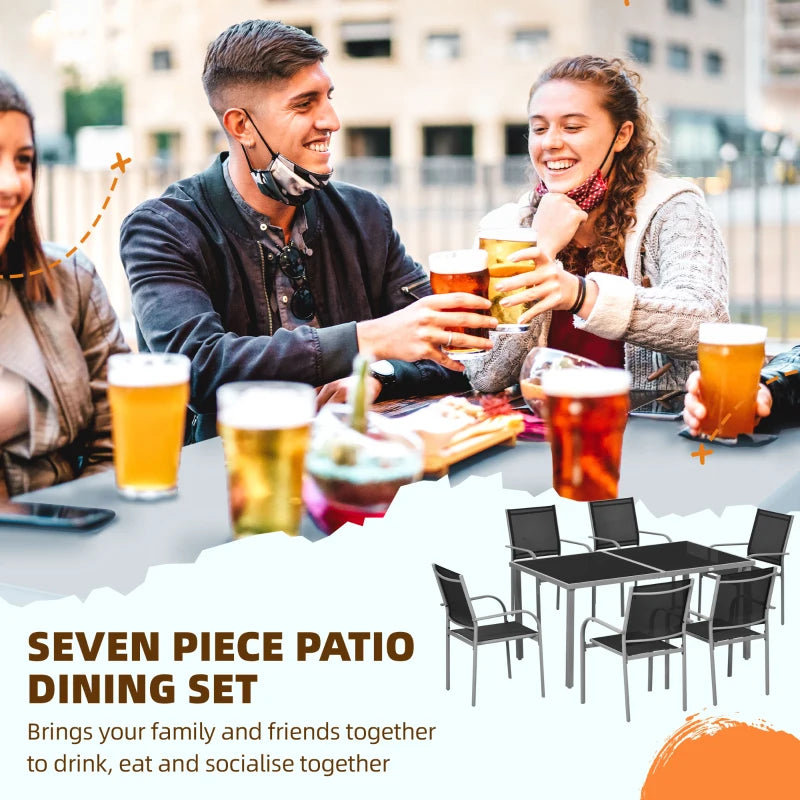 7 Piece Outdoor Garden Dining Set with Table and 6 Stackable Chairs Steel Frame Tempered Glass Top