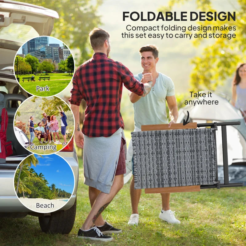 Folding Rattan Garden Dining Chair - 5-Level Reclining High Back, Wood Armrests, Outdoor Patio Furniture - Light Grey