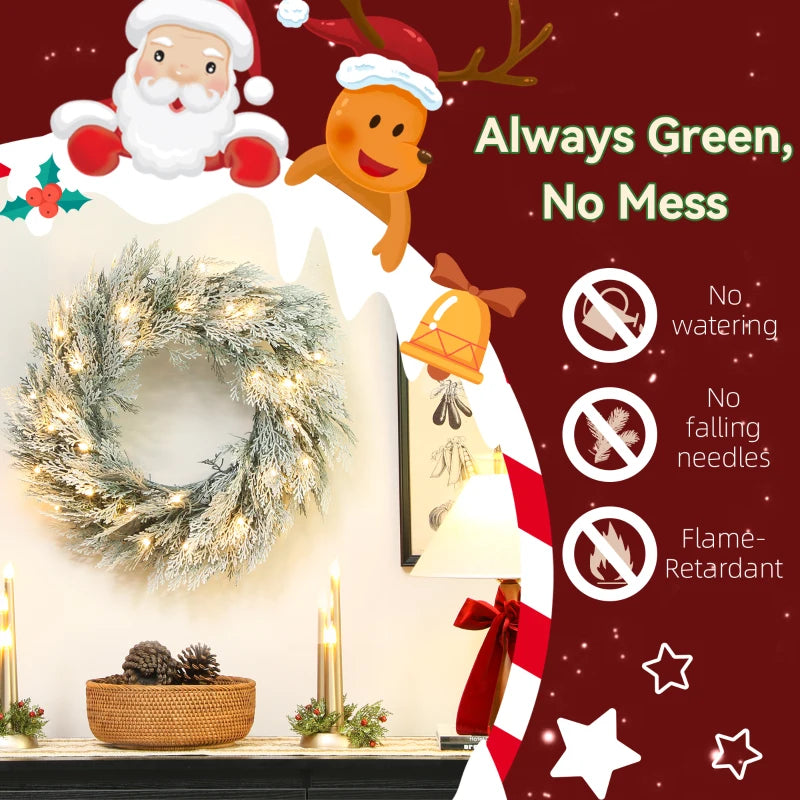 60cm Flocked Prelit Christmas Wreath - 24 Inch Holiday Decor for Festive Home Decoration