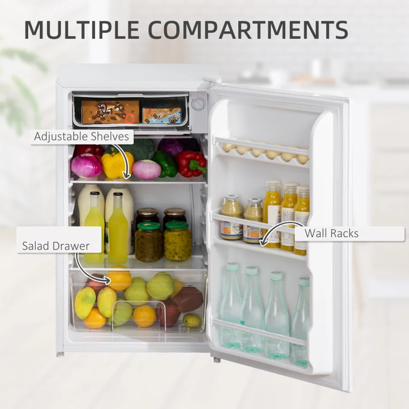 91L Freestanding Under Counter Fridge Freezer - Compact Chiller Box, Adjustable Thermostat, 47.5cm Wide, Stylish White Design