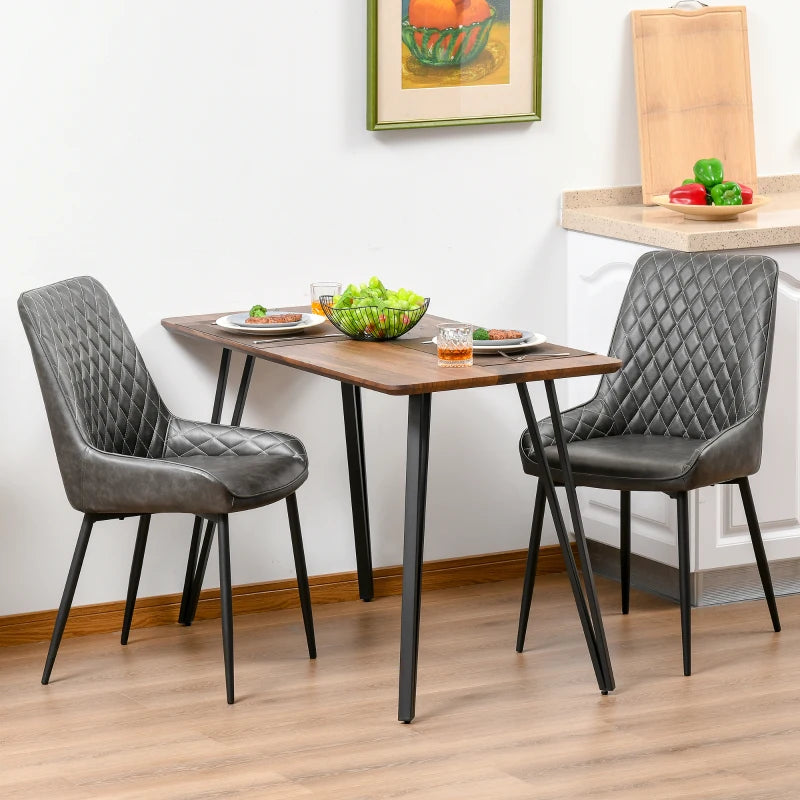 Retro Dining Chair Set of 2 - PU Leather Upholstered Side Chairs for Kitchen & Living Room with Metal Legs in Grey