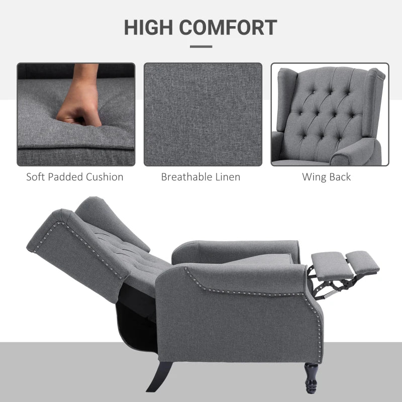 Vintage Wingback Recliner Armchair with Nail Head Trim and Button Tufted Back for Living Room, Grey