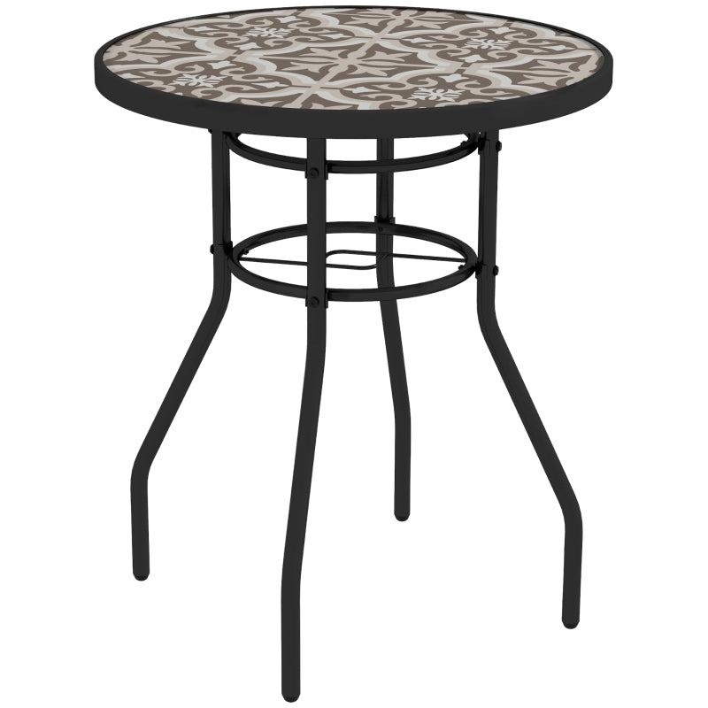 Brown Round Garden Table with Glass Printed Top - 60cm