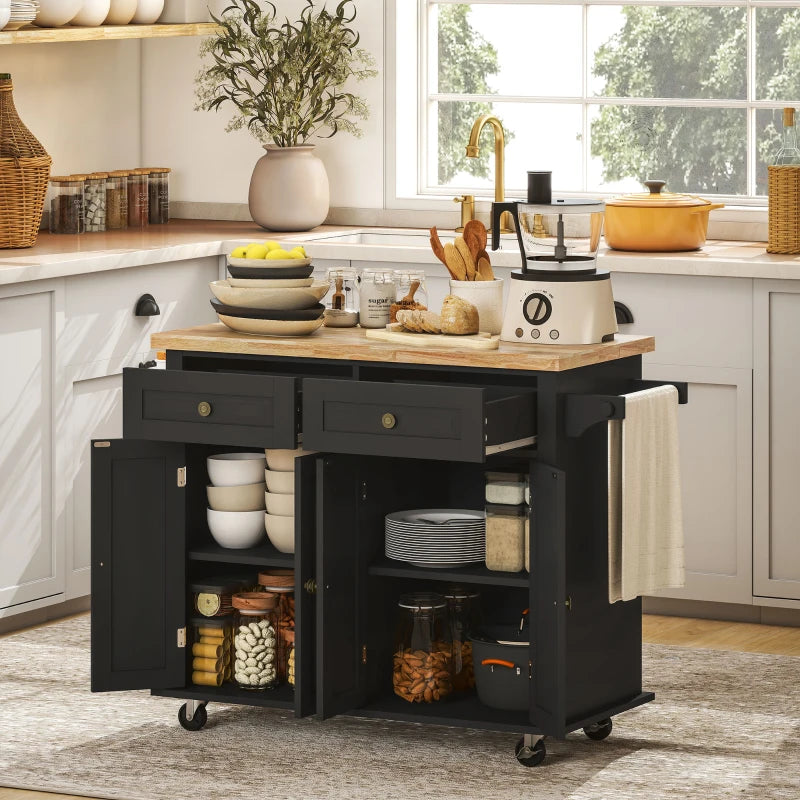 Rolling Kitchen Island Storage Trolley with Rubber Wood Top & Drawers - Stylish Black Dining Room Cart