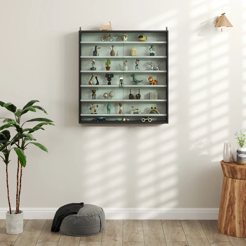 Modern Six Shelf Display Cabinet with Glass Doors - Stylish Black and White Storage Solution for Home or Office