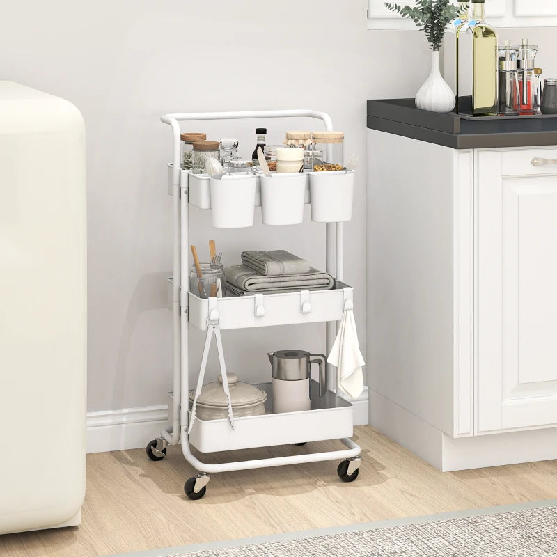 White Three-Tier Home Trolley with Handle and Wheels - Versatile Storage Cart for Kitchen, Living Room, and Office