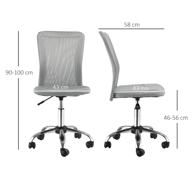 Armless Adjustable Office Chair with Rolling Wheels and Mesh Back for Home and Study Grey