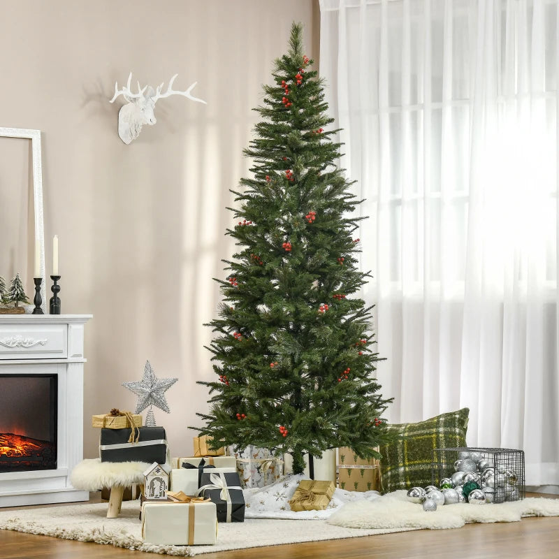 7ft Realistic Green Pencil Christmas Tree with Red Berries, Auto Open Feature - Perfect Holiday Decor