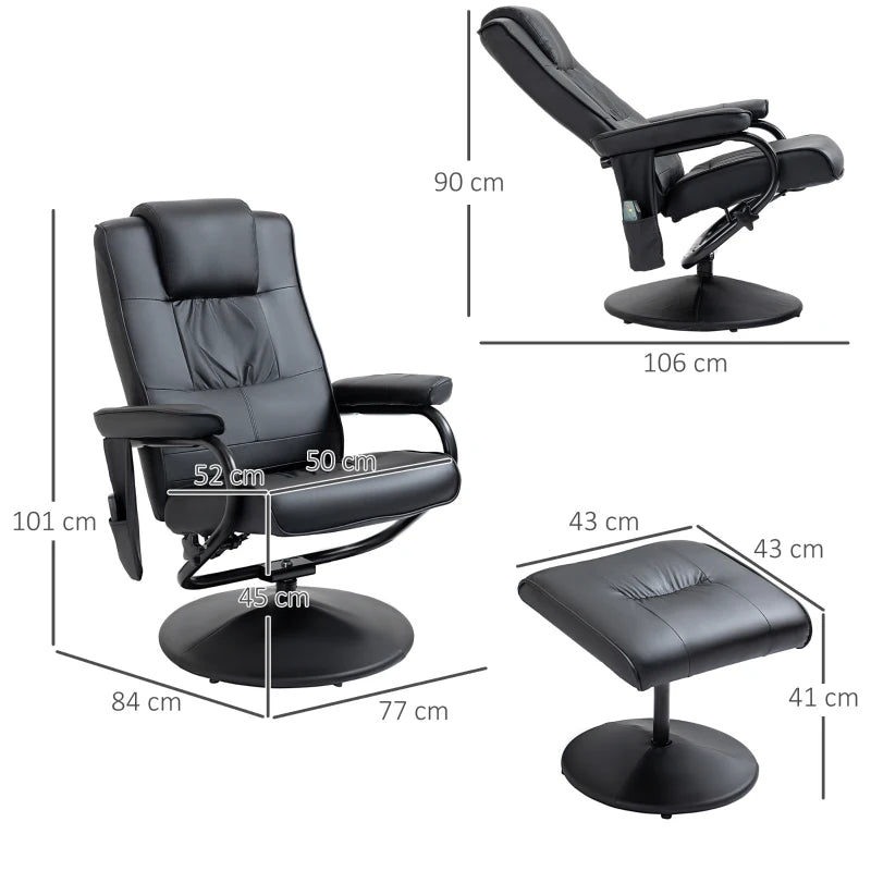 Faux Leather Swivel Recliner Chair with Footstool, Remote Control Massage Armchair, Stylish Black Design