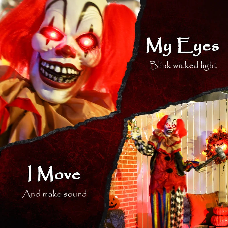 173 cm Life Size Scary Animated Clown with Hammer, Red Light Up Eyes, Sound Activated Arms & Head - Halloween Decoration