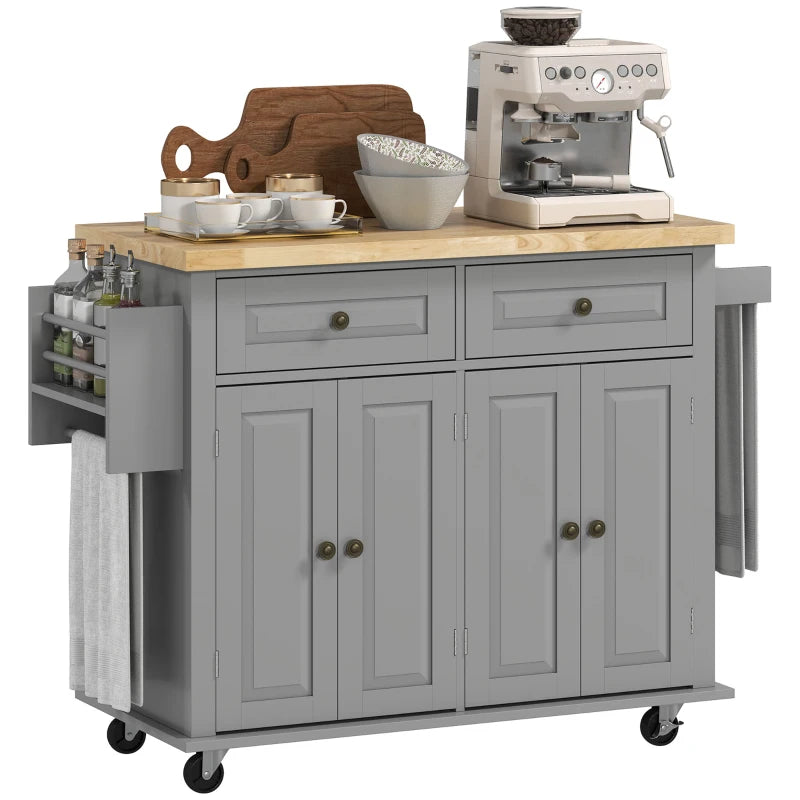 Rolling Kitchen Island Storage Trolley with Rubber Wood Top & Drawers - Stylish Grey Dining Room Cart