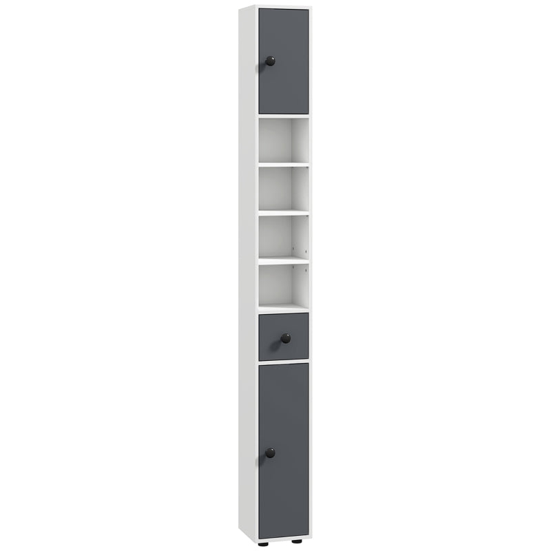 180cm Slim Bathroom Cabinet with Drawer Shelves and Cupboards in Grey