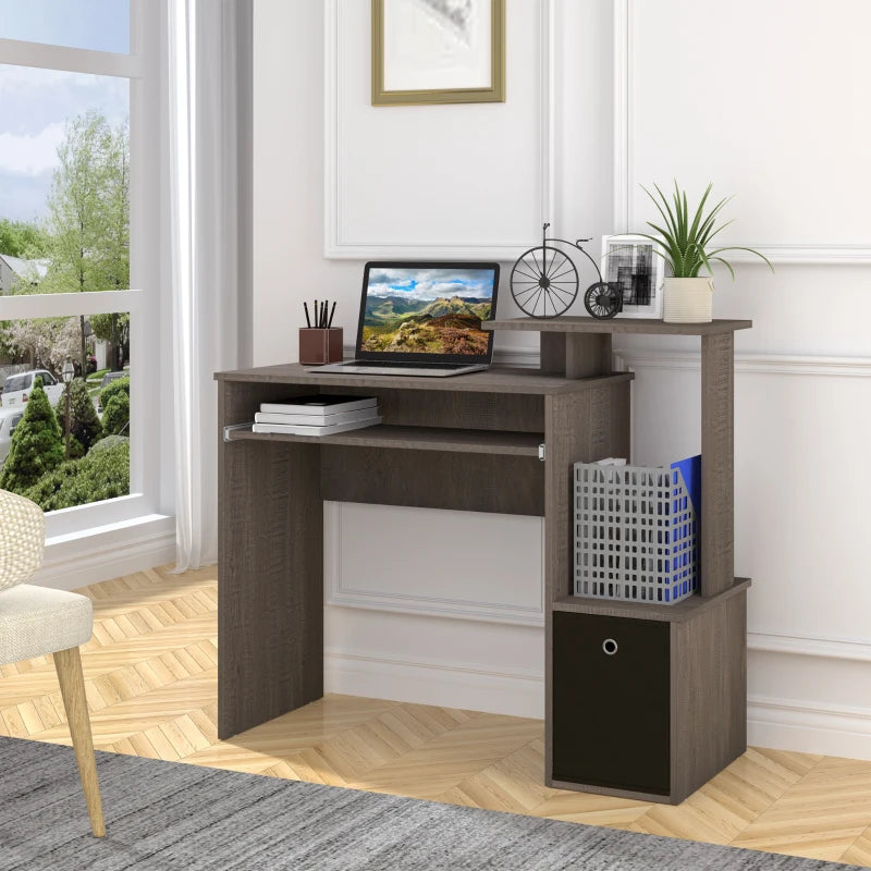 Modern Grey Computer Desk with Sliding Keyboard Tray & Storage Drawer - Stylish Home Office Workstation