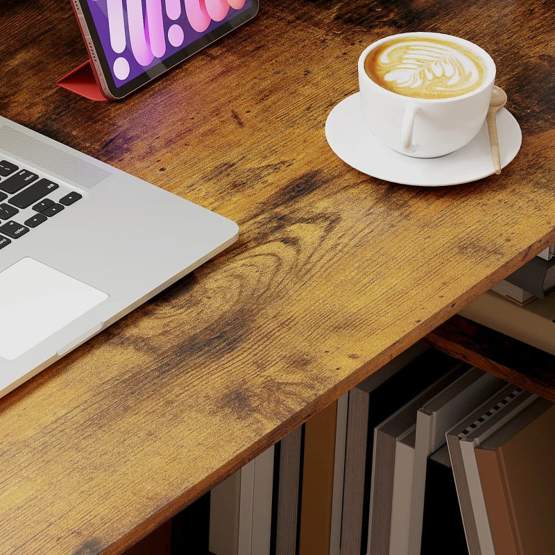 120cm Rustic Brown Wooden Computer Desk with 6-Tier Bookshelves - Home Office Laptop Table & Writing Workstation
