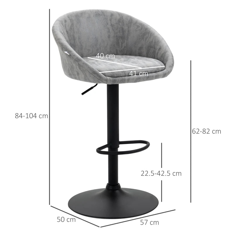 Modern Height Adjustable Bar Stools Set of 2 - Swivel PU Leather Chairs with Backrest, Armrests & Footrest - Light Grey