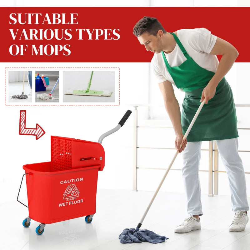 20L Compact Mop Bucket on Wheels with Water Separation Panel - Red | Ideal for Easy Cleaning and Storage