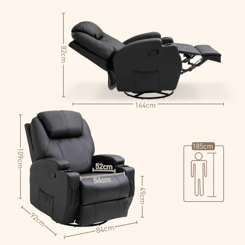 Recliner Massage Rocker Chair with 360° Rotation, 165° Recline, Adjustable Footrest, and Drink Holders for Living Room