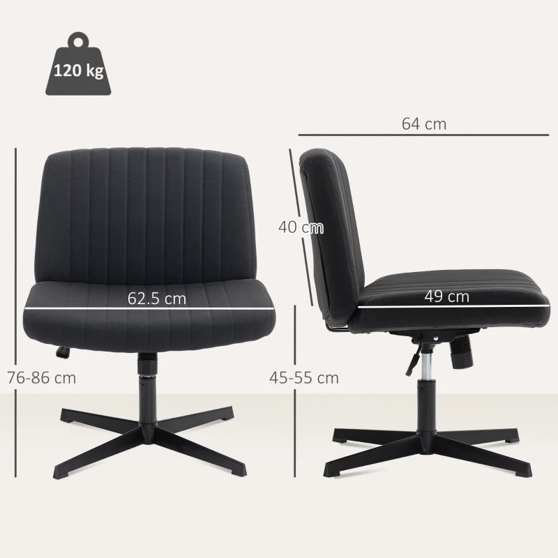 Armless Office Chair with Criss Cross Legs Linen Fabric Wide Seat Thick Padding Adjustable Swivel Desk Chair for Home Black