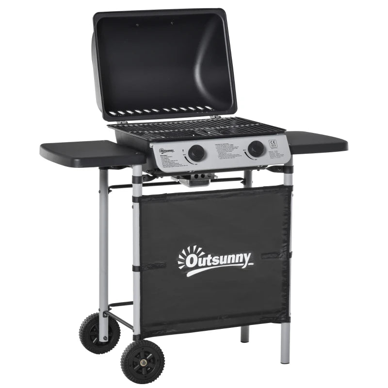 Black 2-Burner Propane Gas BBQ Grill with Side Shelves and Wheels