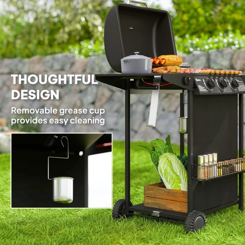 3+1 Burner Portable Gas BBQ Grill with Thermometer, Side Table, Wheels for Outdoor Cooking