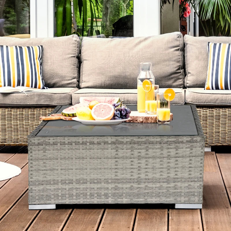 Square Wicker Rattan Table with Glass Top - Light Grey