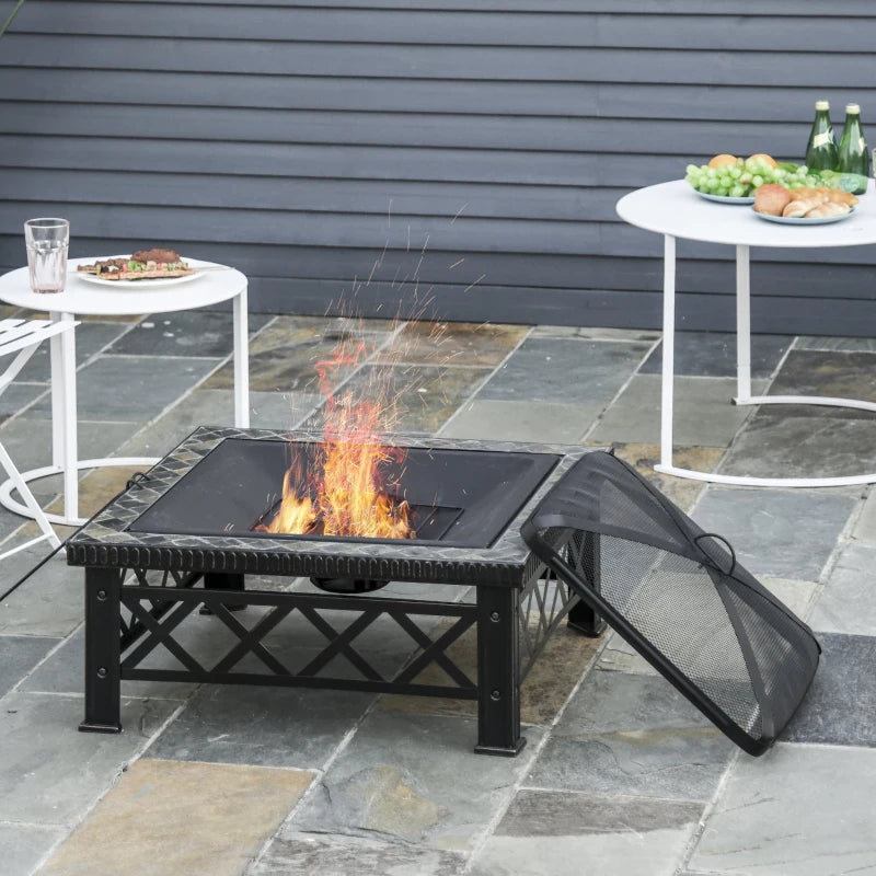 Black 3-in-1 Outdoor Fire Pit Table with BBQ Grill and Ice Bucket