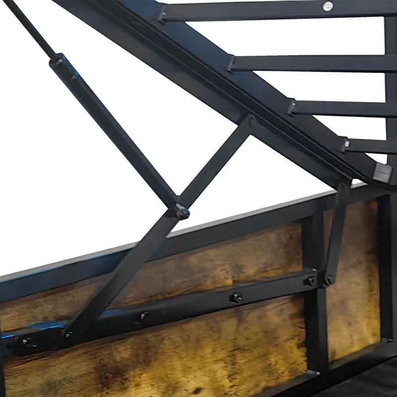 Double Bed Frame with RGB LED Headboard & Charging Station, Hydraulic Storage, Linen Fabric, Black & Walnut, 205x136x109 cm