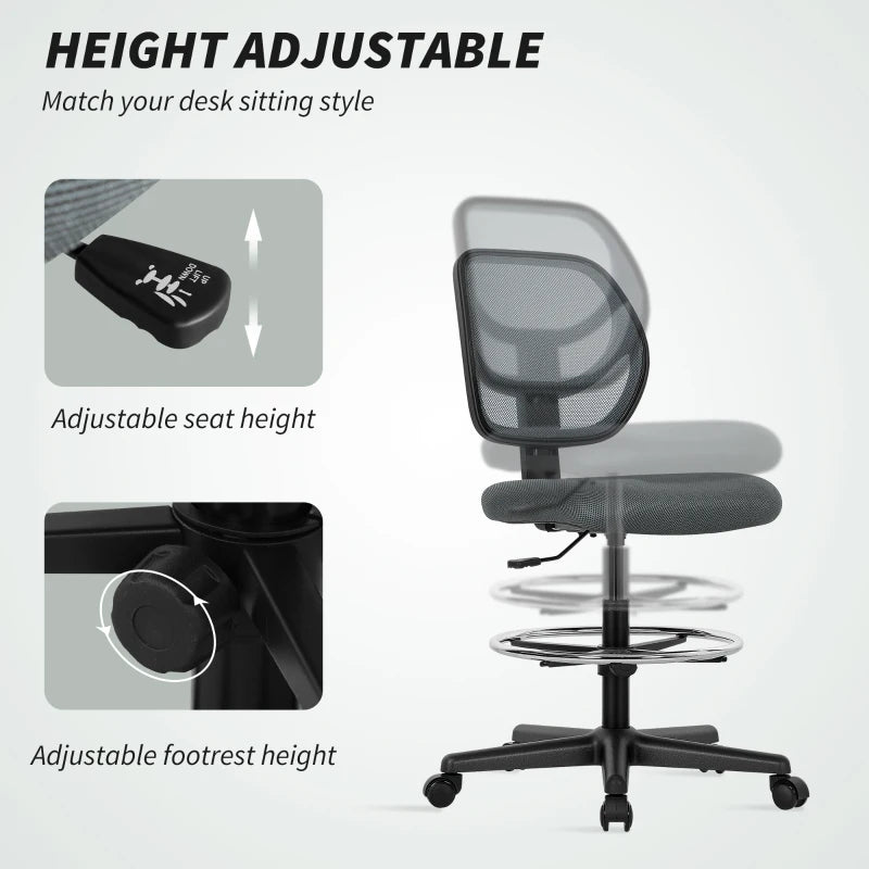 Vinsetto Ergonomic Mesh Standing Desk Chair - Adjustable Footrest & Seat Height, Charcoal Grey for Ultimate Comfort