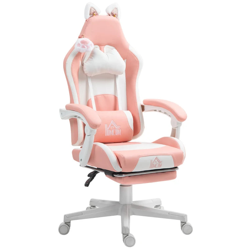 Cat Ear & Paw Reclining Office Chair with Footrest - Stylish Pink/White Design for Comfort & Fun