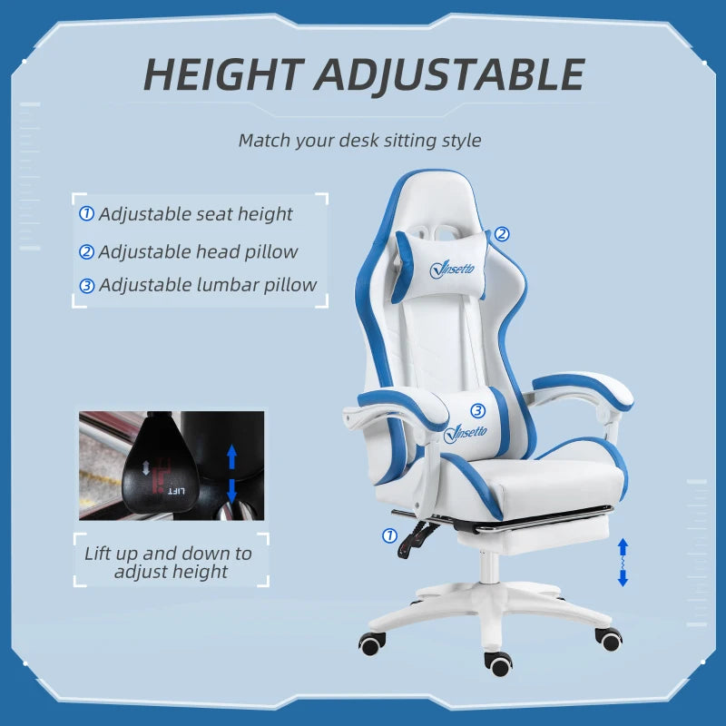 Vinsetto White and Blue Gaming Chair - PU Leather Office Desk Chair with Footrest, 135° Recline, Lumbar Support & Headrest