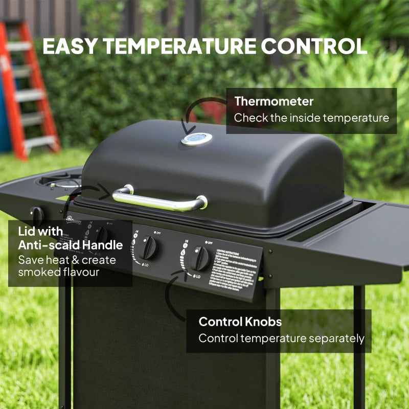 3+1 Burner Portable Gas BBQ Grill with Thermometer, Side Table, Wheels for Outdoor Cooking