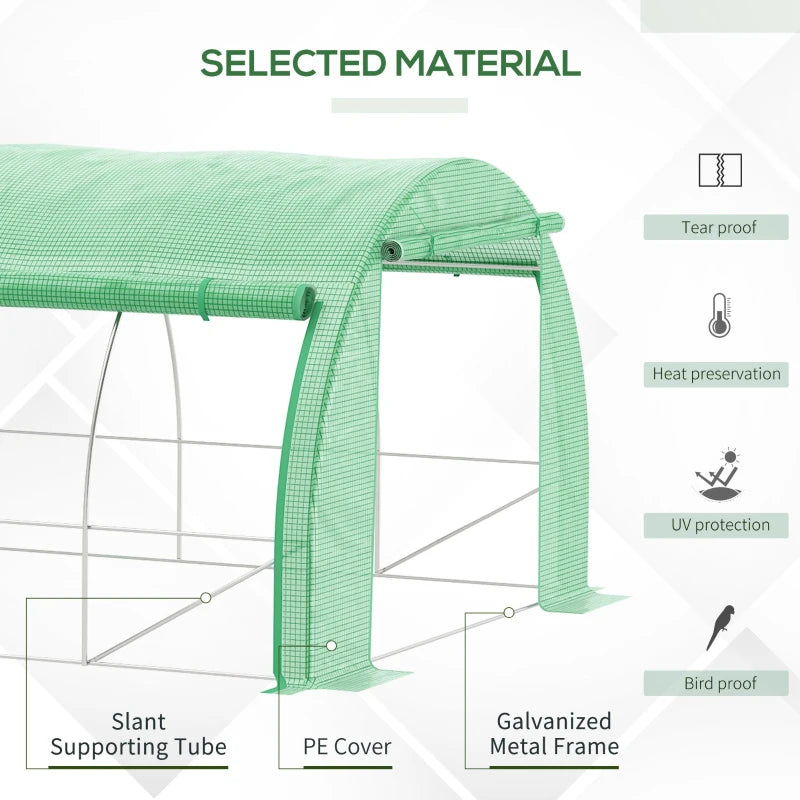 Green Walk-in Polytunnel Greenhouse with Roll-up Sidewalls, Zipped Door, 6 Windows - 3x3x2m