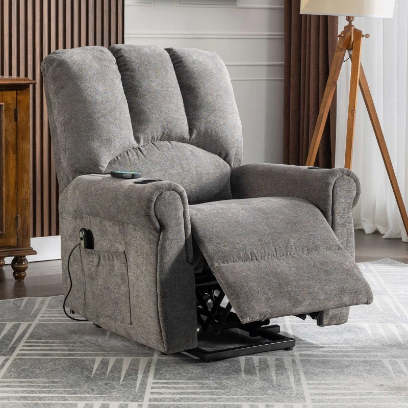Electric Power Lift Recliner Chair with Heated Massage, Stand Assist, Storage Pockets and Cup Holders in Grey