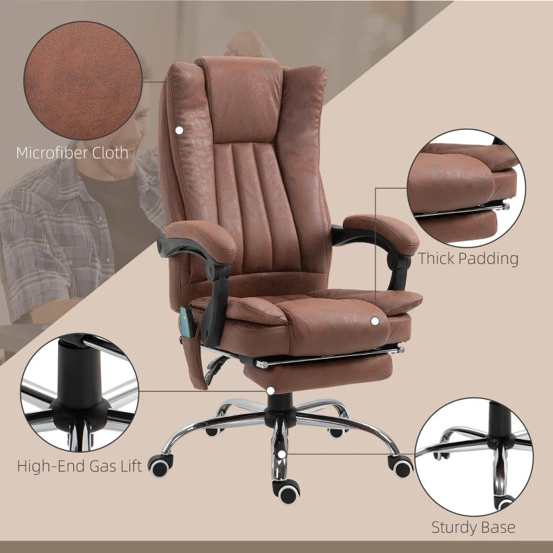 Vinsetto Brown Office Chair with Massage & Heat, Reclining Microfibre Desk Chair with Footrest, Adjustable Height & Swivel Wheels