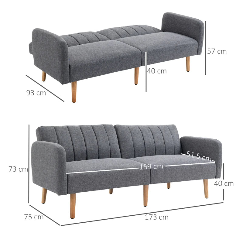 Convertible 3-Seater Sofa Bed in Grey Linen Fabric with Adjustable Split Backrest for Living Room or Bedroom