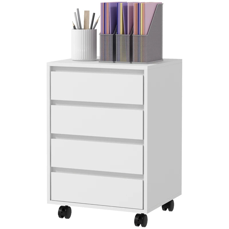 White Four-Drawer Office Filing Cabinet on Wheels - Mobile Storage Solution for Home & Office Organization