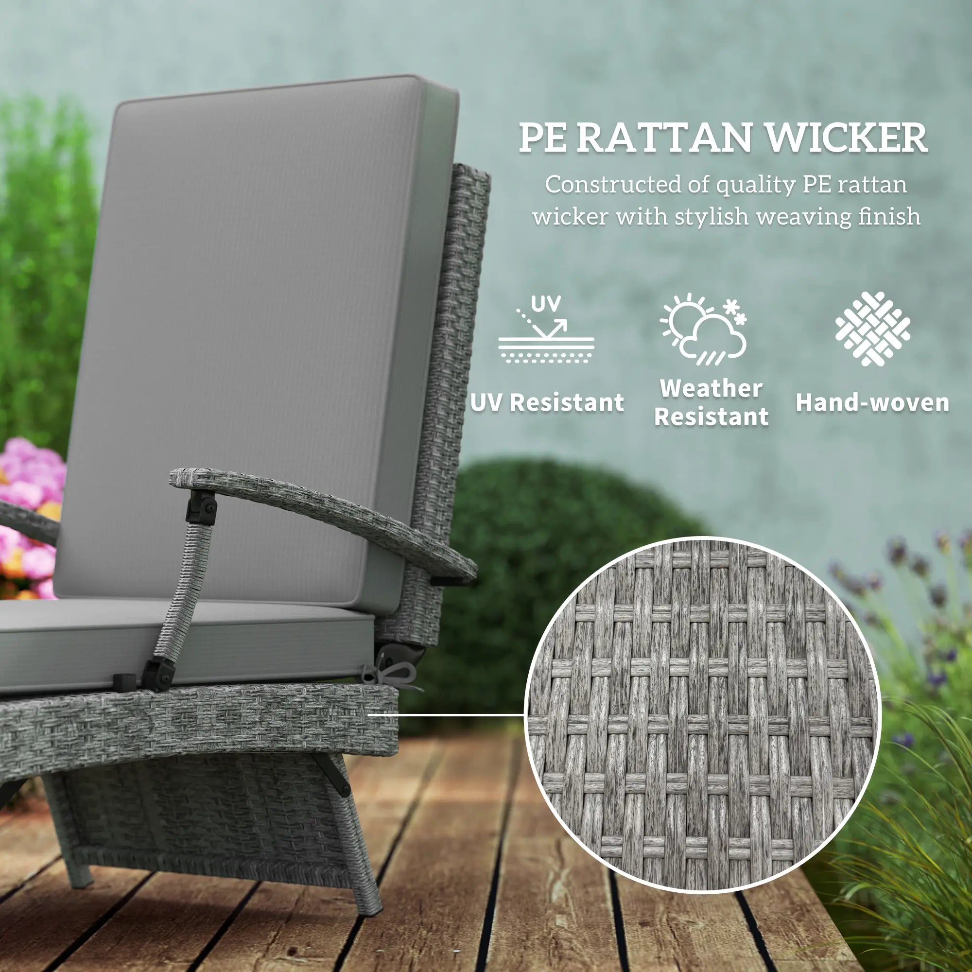 80° Reclining Rattan Lounger With Padded Cushions - Grey