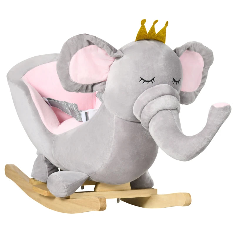 Kids Elephant Rocking Horse with Safety Belt - Wooden Base, Grey - Perfect for Ages 18-36 Months