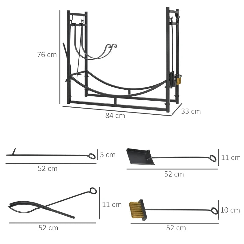 Metal Firewood Log Holder Rack - 2 Tier Indoor Outdoor Fireplace Storage with Tools & Hooks, Black, 84W x 33D x 76H cm