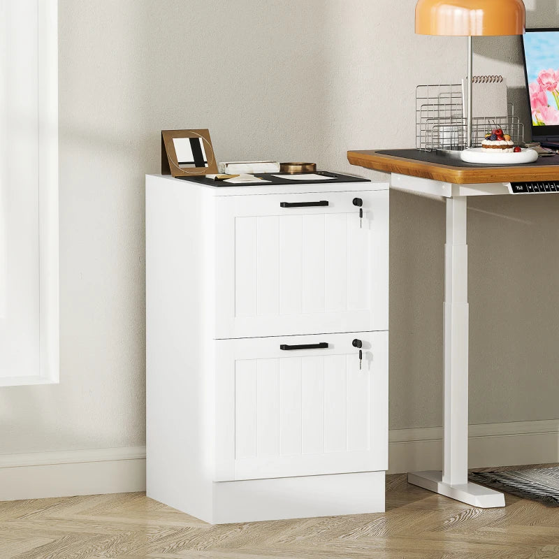 Secure 2 Drawer Filing Cabinet with Lock - Adjustable Hanging Bars for A4 Files - Stylish White Office Storage Solution