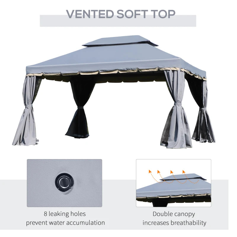 Aluminium 3x4m Garden Gazebo Canopy Shelter with Nets and Curtains for Outdoor Parties Grey