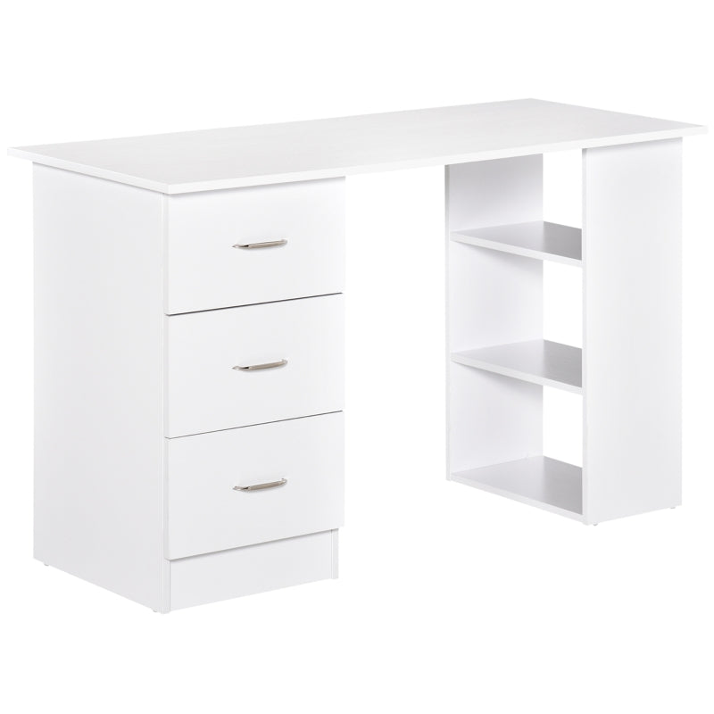 Modern White Computer Desk with 3 Storage Shelves & Drawers, Stylish Writing Table for Home Office, Silver Handle