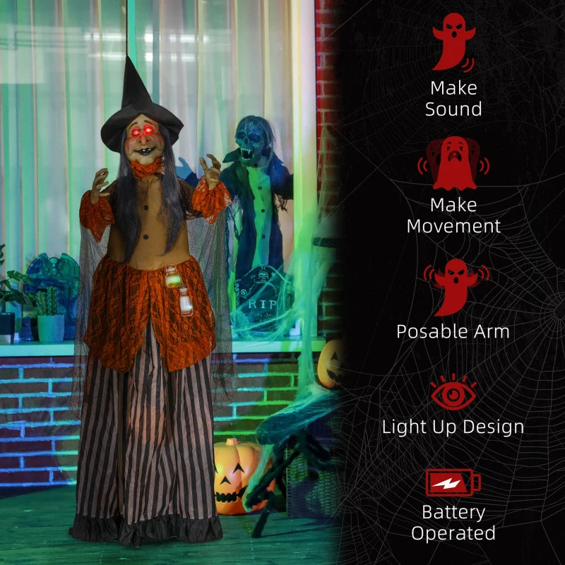 183 cm Life Size Animated Witch with Red Eyes - Scary Halloween Decoration, Sound Activated, Moving Arms & Head, Battery Operated